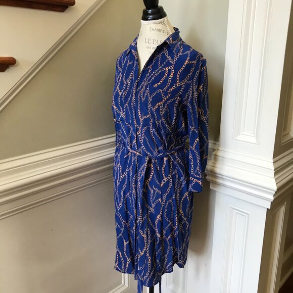 L'Agence Estelle Chain Mini Shirt Dress Womens XS Blue Gold Silk Button Down - Picture 8 of 13
